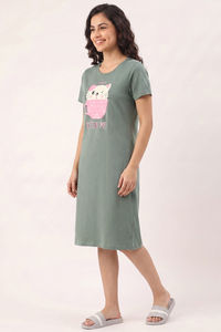 Zivame Farm Lore Knit Cotton Knee Length Nightdress - Iceberg Green — thumbnail 3